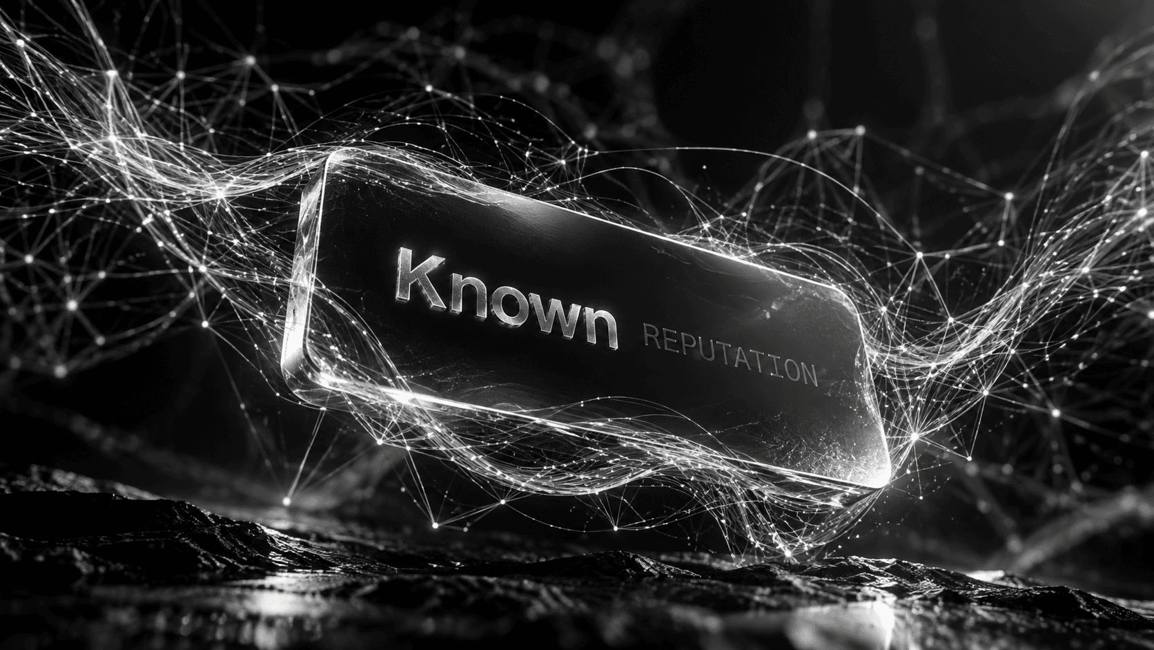 Glass plate with the words "Known Reputation" amid digital network lines