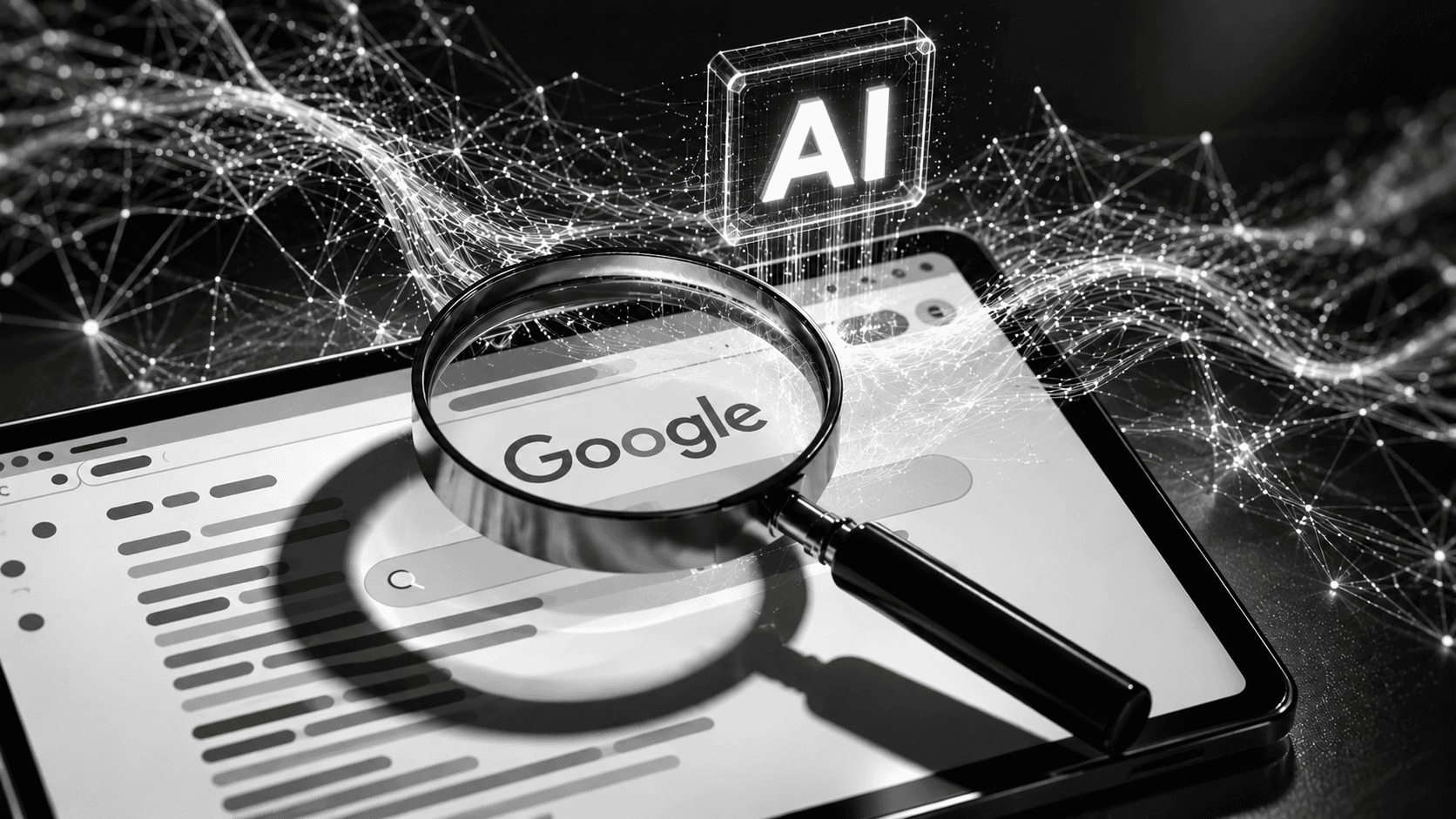 Magnifying glass over Google search on tablet with AI icon
