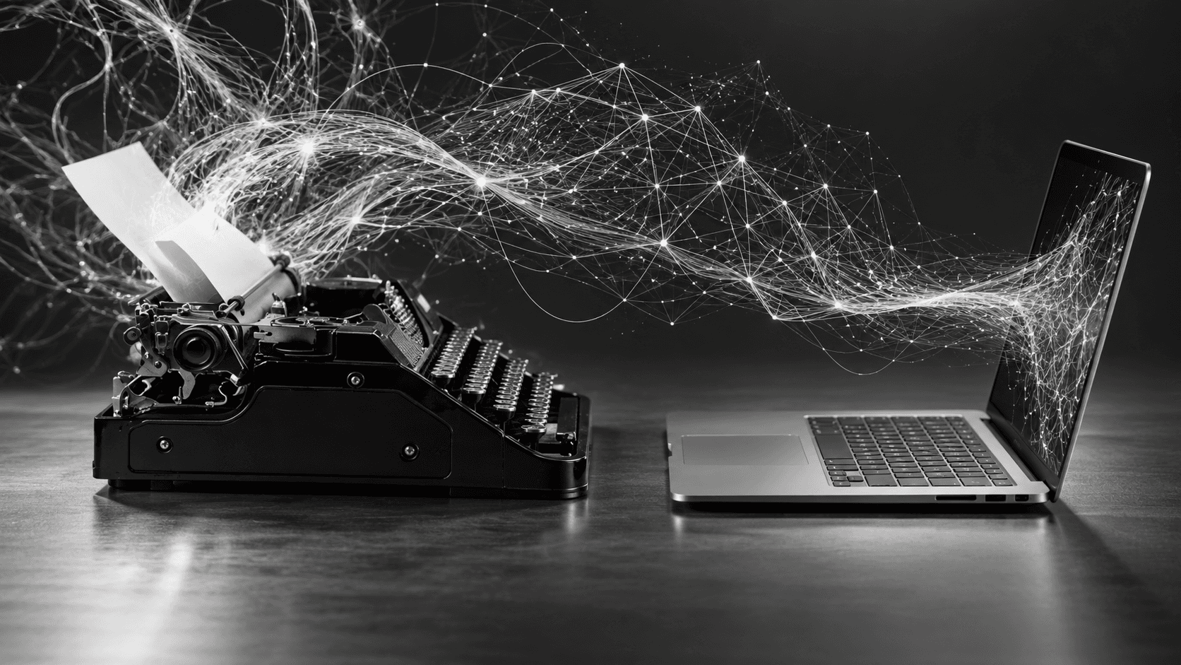 Vintage typewriter connected to a laptop by flowing digital network