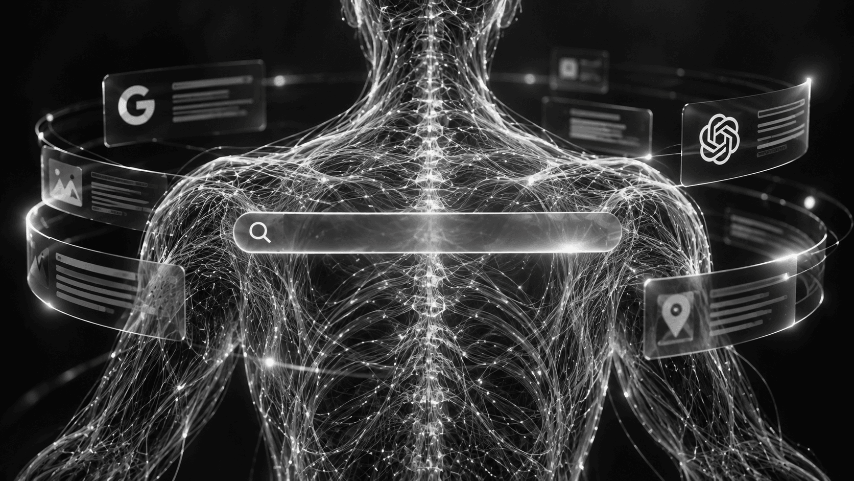 A human figure woven from glowing threads, circled by search panels from Google, ChatGPT, images and maps