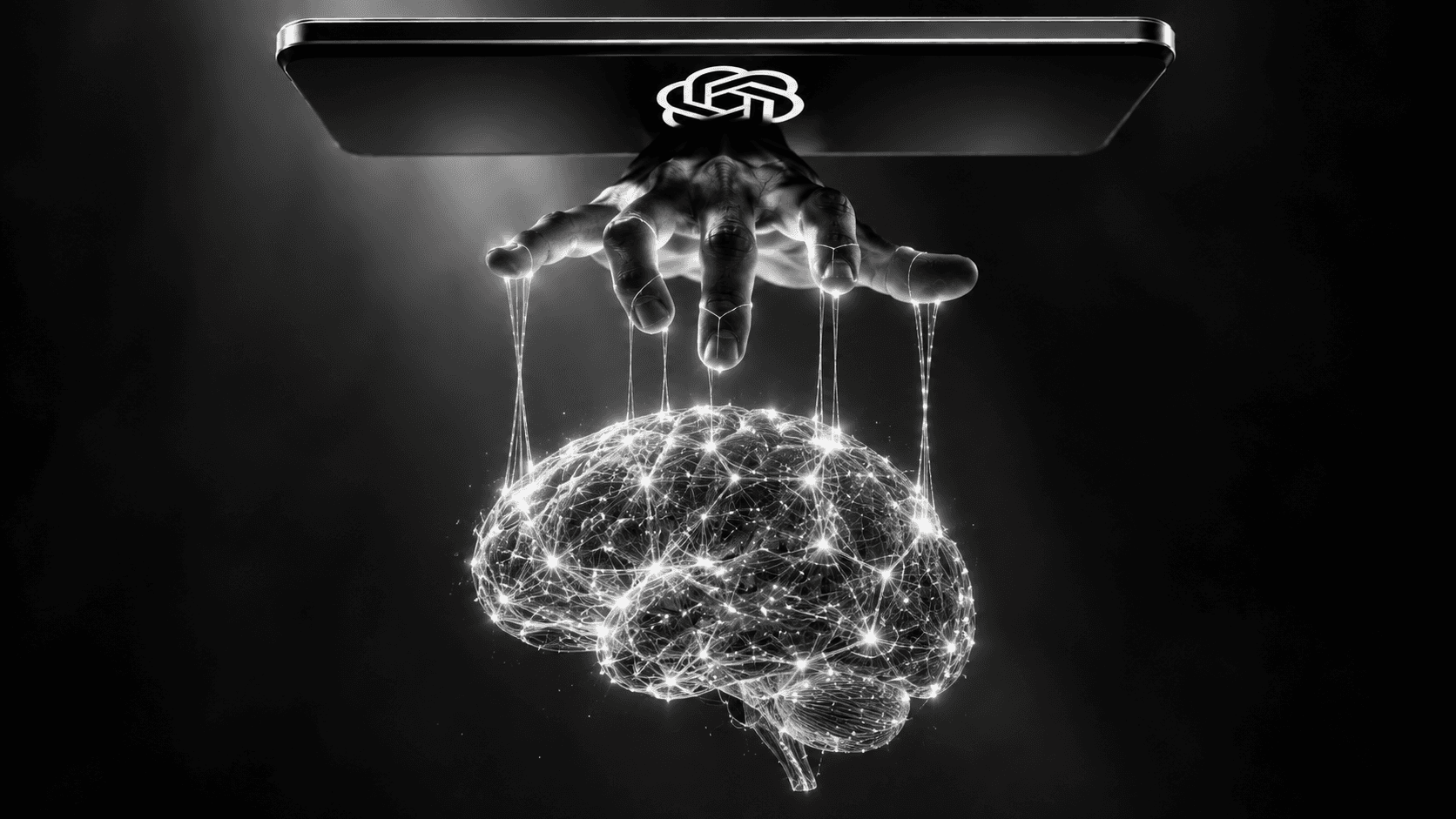 A hand under a screen with the OpenAI logo holding a glowing network brain on strings like a puppet
