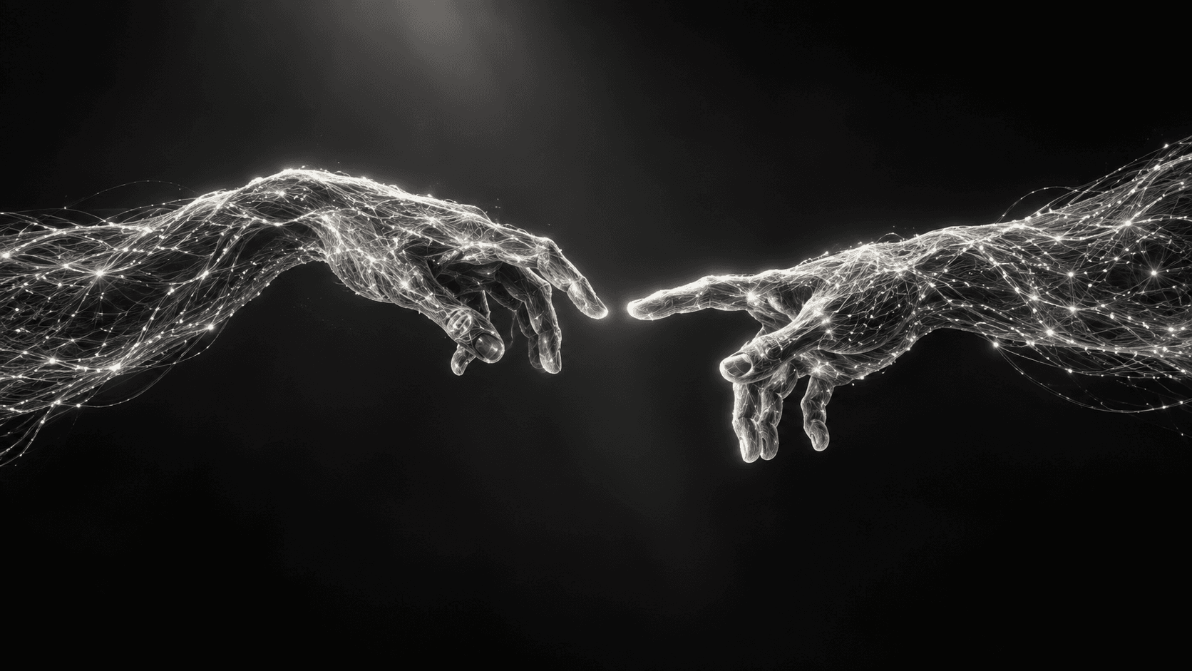 Two hands woven from glowing network threads reaching toward each other, fingertips almost touching